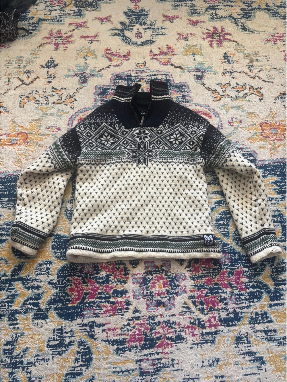 Dale of Norway Wool Quarter Zip Sweater Vintage Nordic Snowflake Fleece Size M